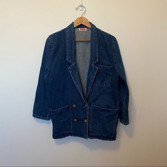 VINTAGE Nevada Denim Jacket Medium Blue Collar Jean Jacket Button Up - Picture 5 of 12